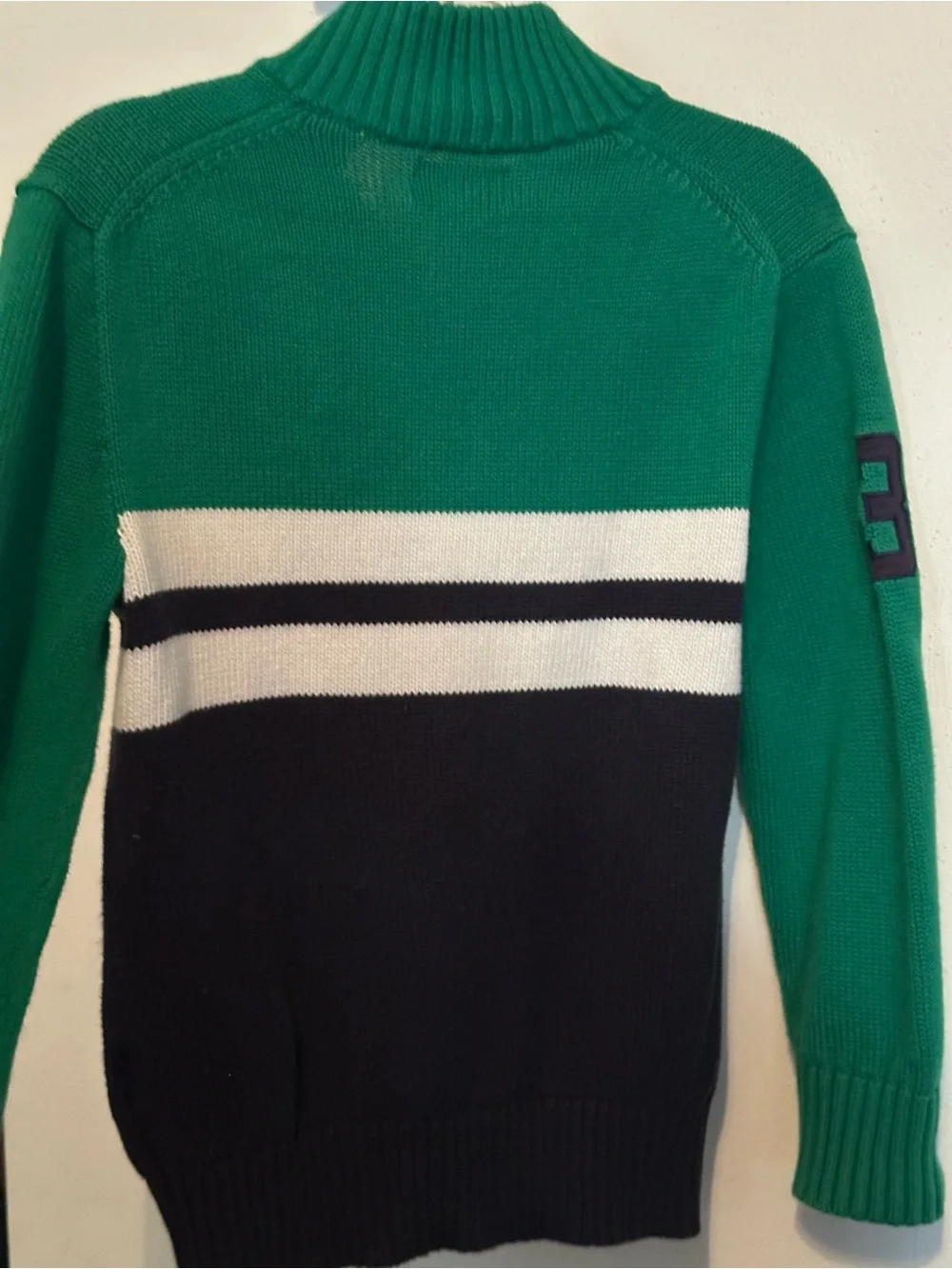 POLO Ralph Lauren Boys Big Pony Green Cream & Navy Color Block 1/4 Zip Sweater